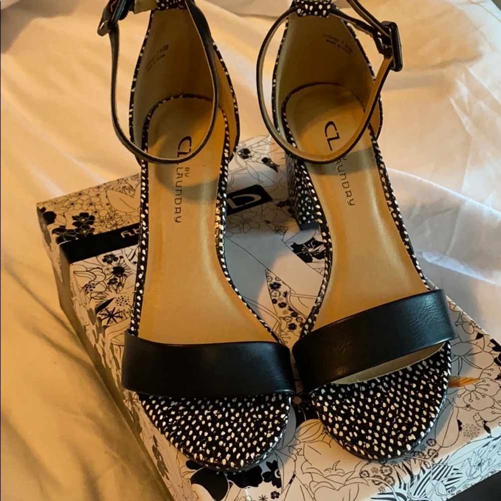 Black and white block heels
